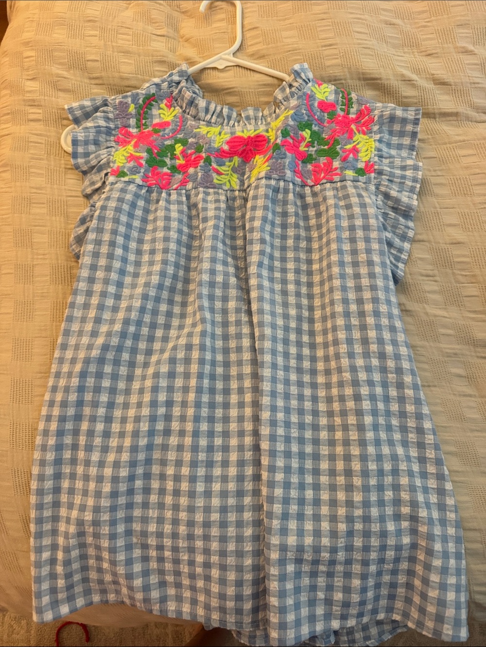 JODIFL Light Blue Gingham Blouse with Neon Floral Embroidery
